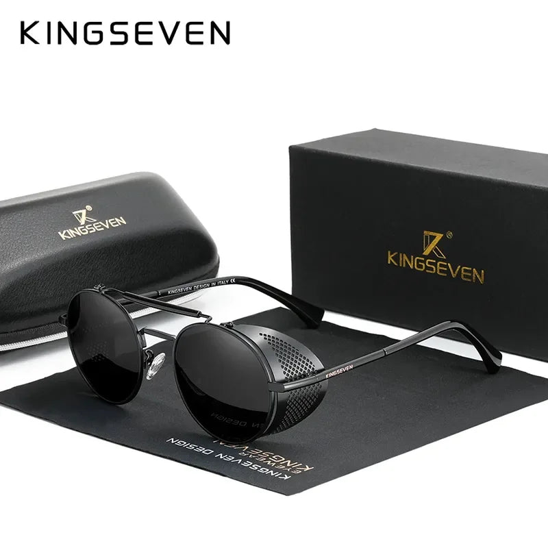 KINGSEVEN Men’s Gothic Steampunk Sunglasses – Polarized, Vintage, Round Metal Frame