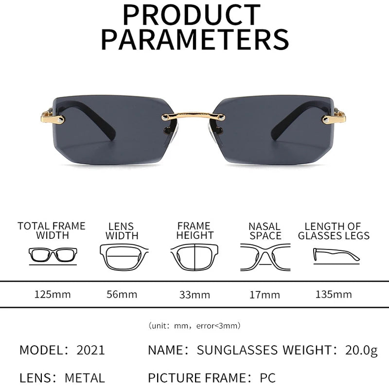 Rimless Rectangle Sunglasses – Unisex, Small Square, Summer Travel Shades