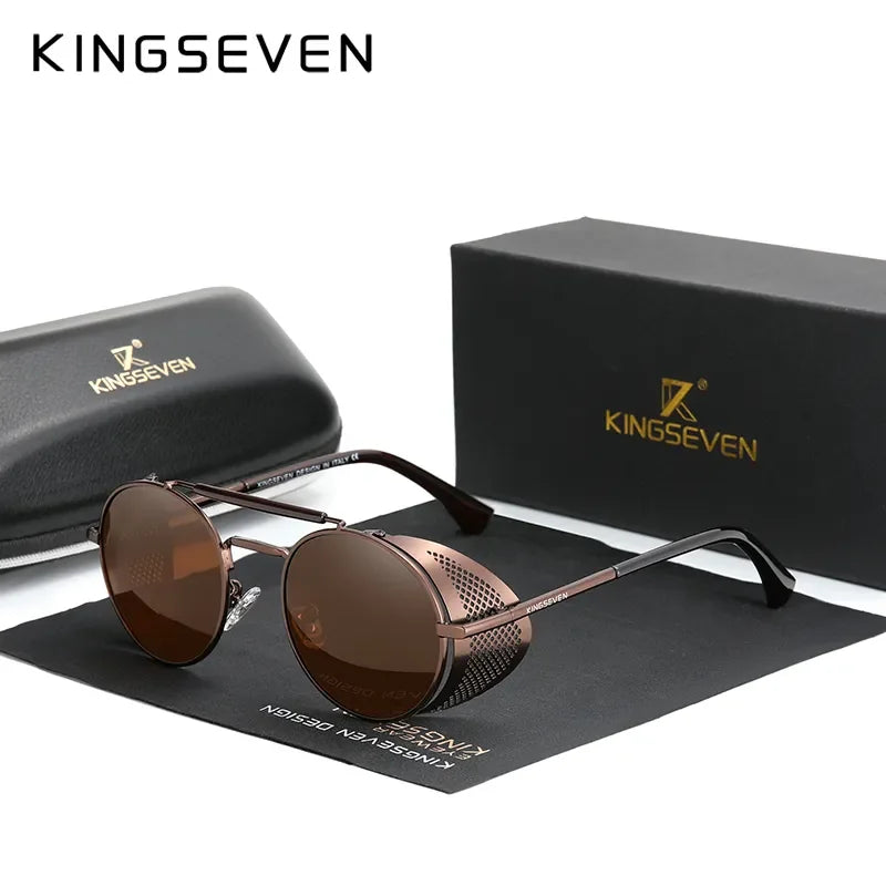 KINGSEVEN Men’s Gothic Steampunk Sunglasses – Polarized, Vintage, Round Metal Frame