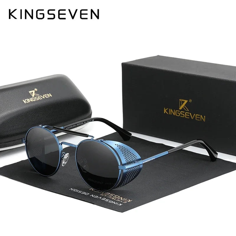 KINGSEVEN Men’s Gothic Steampunk Sunglasses – Polarized, Vintage, Round Metal Frame