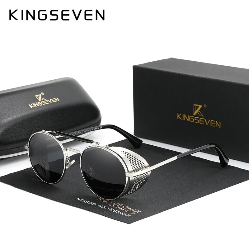 KINGSEVEN Men’s Gothic Steampunk Sunglasses – Polarized, Vintage, Round Metal Frame
