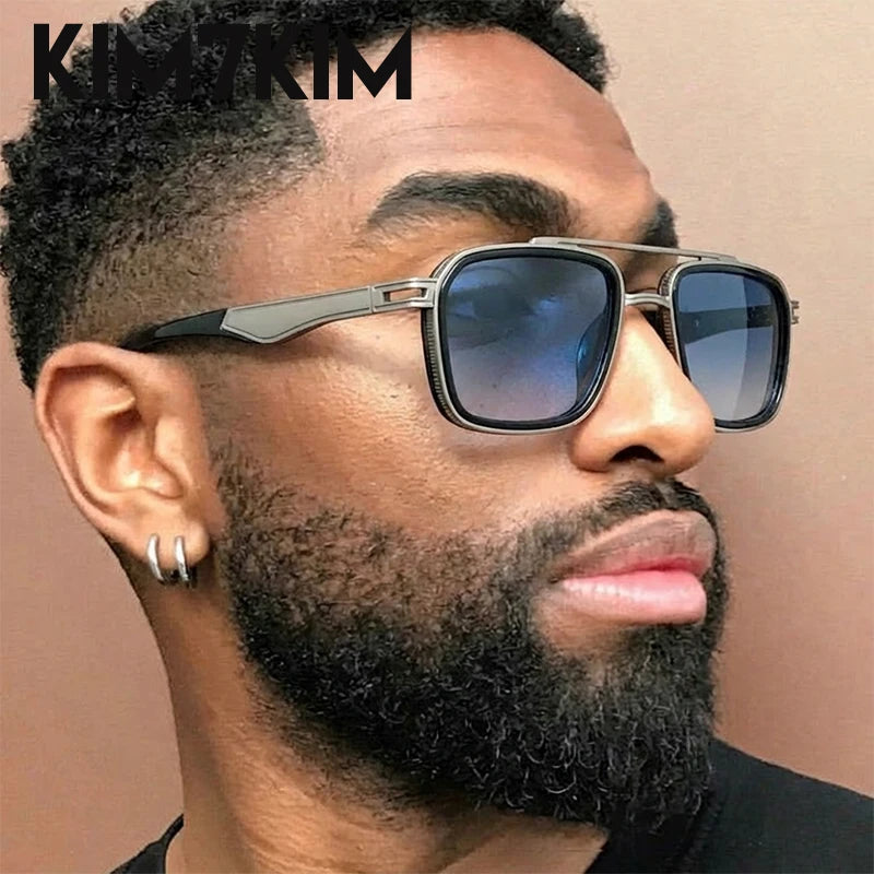 Men’s Steampunk Square Sunglasses – Double Bridge, Metal Frame, UV400