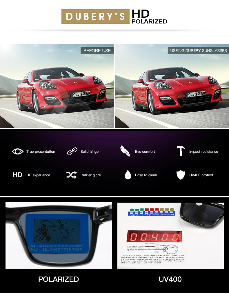 DUBERY Men’s Polarized Sunglasses – Retro, Driving, UV400, Square Mirror